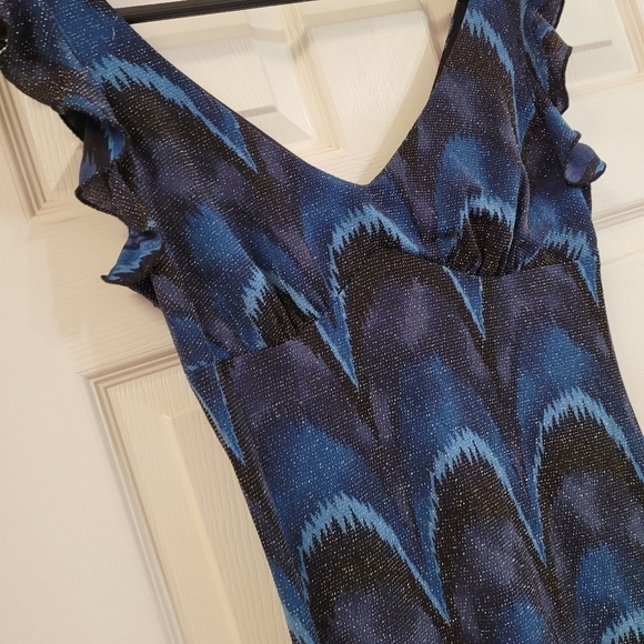Vintage 90's La Belle Turquoise Black Sparkle Ruffle Bodycon Midi Dress Medium M - Picture 4 of 7